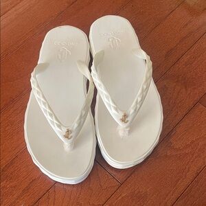 Jimmy Choo white platform thongs with toe protector size 42